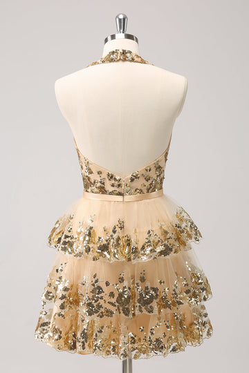 Vestido de fiesta corto con lentejuelas espalda descubierta corte ancho y brillante
